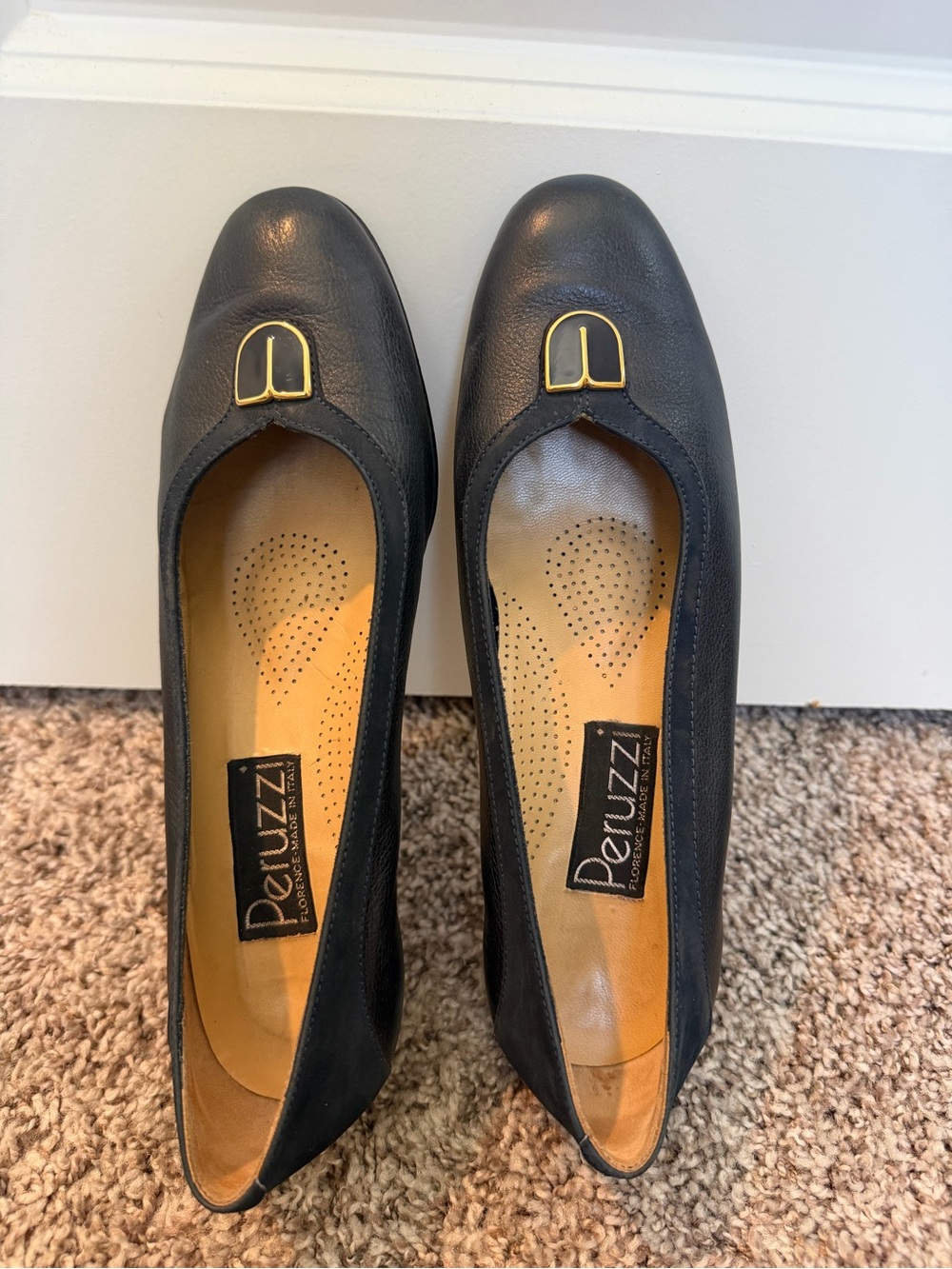 Vintage Black Leather Ballet Flats with Gold Buckle Accent low block heel
